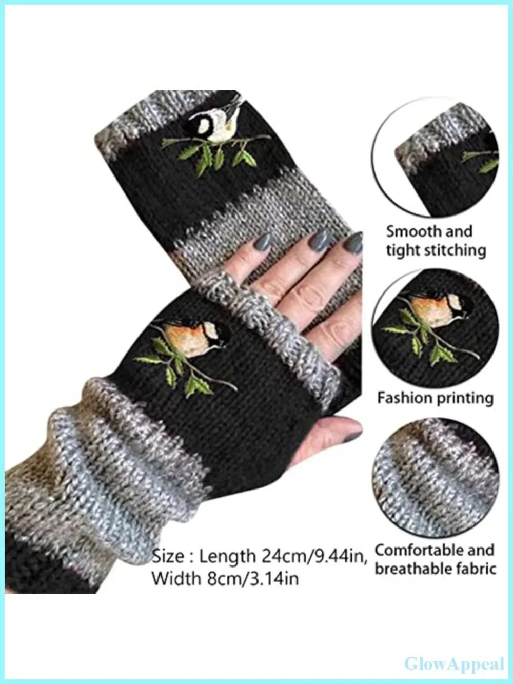 Vintage Knitted Fingerless Gloves with Bird Embroidery, Acrylic Warm Winter